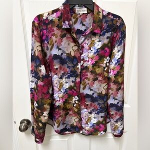 Bella Dahl Floral Satin Button-Down Top in Pink, Navy & Olive